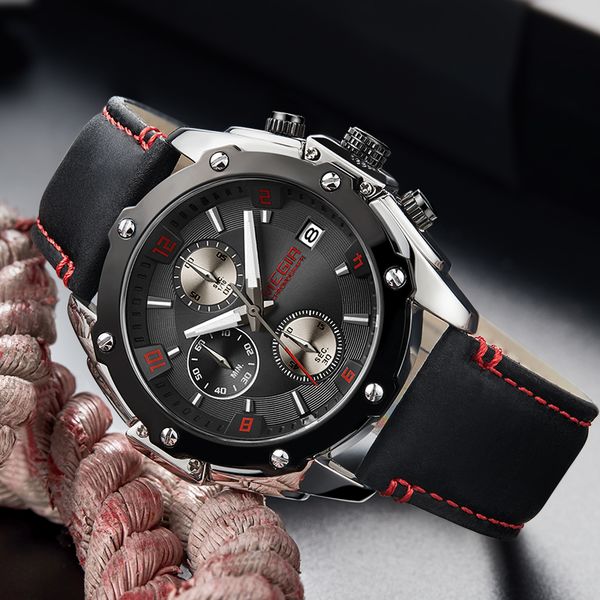 

megir sport watch men relogio masculino fashion chronograph business quartz wrist watches clock hour leather, Slivery;brown