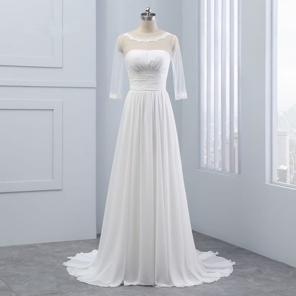 

white new bohemian sweep train summer three quarter sleeve chiffon beach wedding dress 2019 lace pleats modern long bridal gowns boho