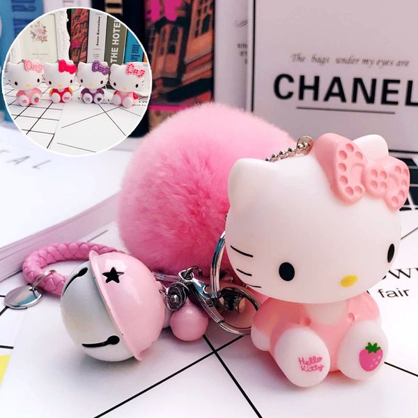 

Adorable Hello Kitty Keychain Pom Pom Porte Clef Bag Car Key Ring Cartoon Fur Ball key chain Chaveiro Gift For Women