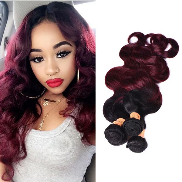 

ombre brazilian virgin hair weaves bundles two tone 1b/99j wine red brazilian peruvian malaysian body wave human hair extensions, Black