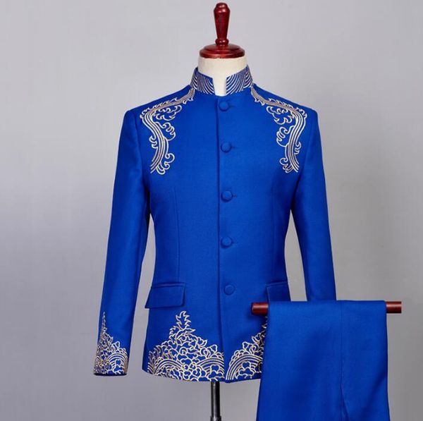 

singer star style dance stage clothing for men groom suit set with pants mens chinese tunic suit stand collar formal dress blue, White;black