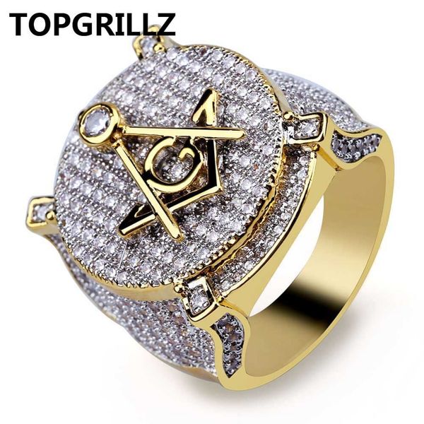 TOPGRILLZ Hip Hop Banhado A Ouro Cor De Latão Iced Out Micro Pave Cubic Zircon Maçônica Anel Charme Para Os Homens Presentes Com 7 8 9 10 11