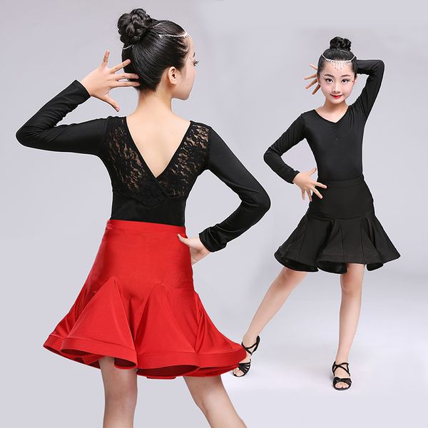 

girls latin dance dress + skirt ballroom dance dress for kids dancewear child tango samba costumes stage performance, Black;red