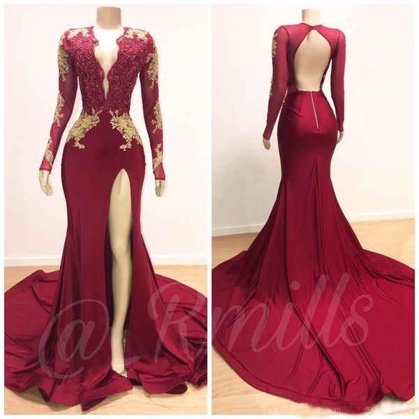 

Arabic Burgundy Mermaid Prom Dresses 2019 Long Sleeve Formal Evening Dress Side Split Appliqued Open Back Special Occasion Gowns