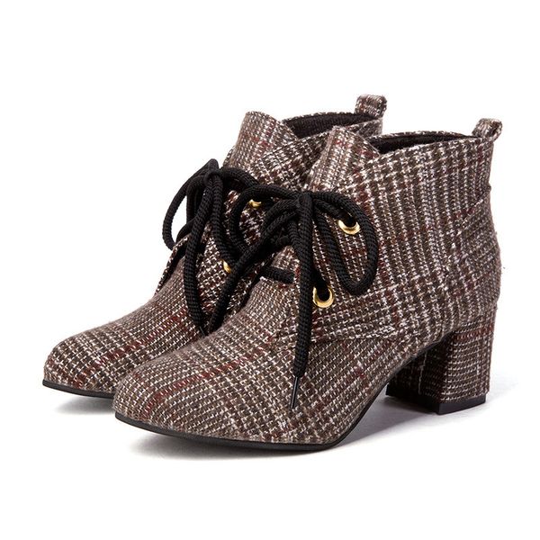 

2018 lace-up women boots fashion plaid pointed toe high heels women's shoes autumn winter ankle boots women #a056, Black