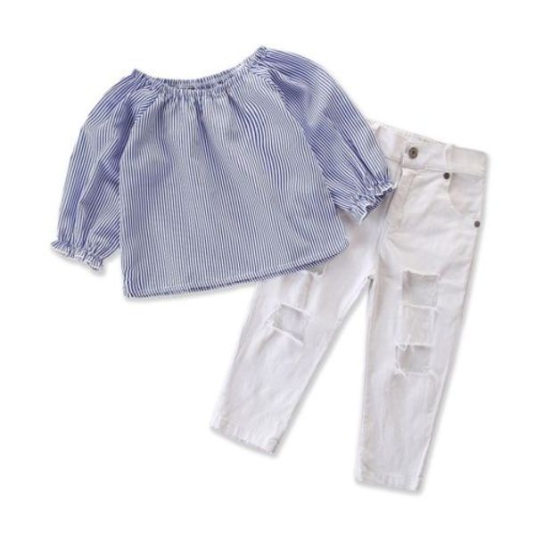 

fashion kids baby girl clothes set off shoulder stripe +torn white denim pants outfits clothes 1-6y