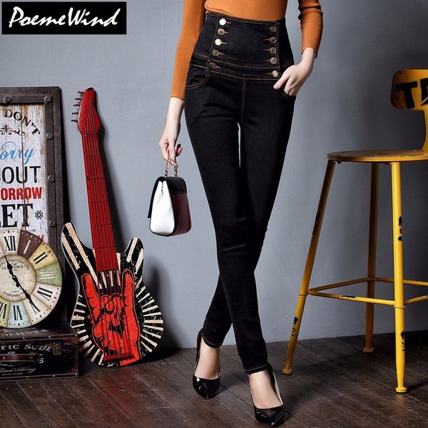 

poemewind plus size women's high waist lace up jeans buttons new black stretch skinny denim pants trousers woman pencil jeans, Blue