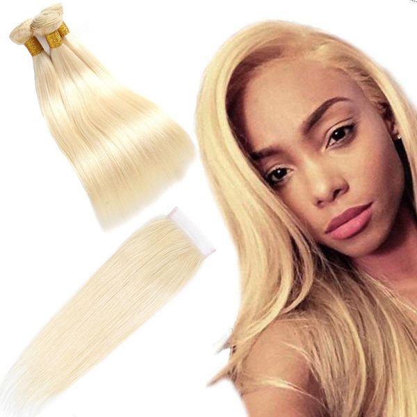

brazilian human hair 3 bundles with 4x4 lace closure with baby hair 613# blonde silky straight 4 pieces/lot straight wefts with closure, Black;brown