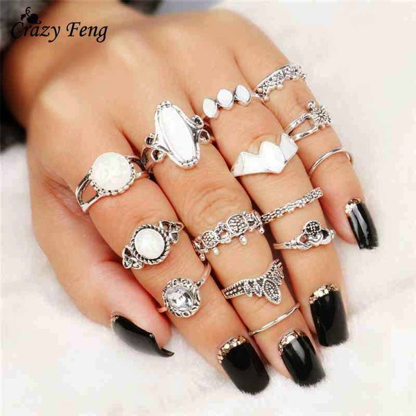 

crazy feng vintage white opal stone knuckle rings set for women carving cute animal finger ring boho jewellry anillos bijoux, Golden;silver
