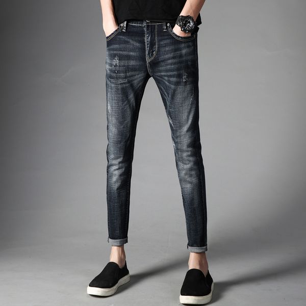 

summer thin section flanging nine points jeans male feet slim pants elastic pantyhose tide male adolescents, Blue