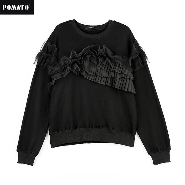 

melinda style 2018 new women fashion sweatshirt o-neck long sleeves mesh ruffles decorated pullover ing, Black