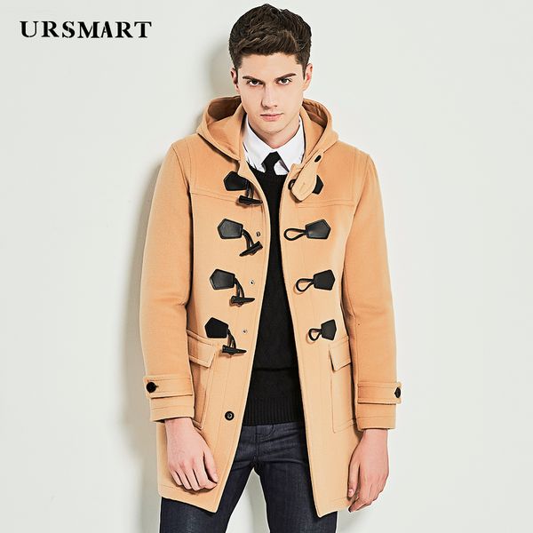

ursmart medium and long wool coat, ox horn buckle and hat, fashionable men's coat, camel color, british men's coat, Black