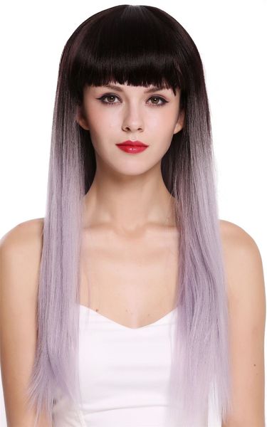 Ladies Wig Long Smooth Fringe Ombre Dark Brown Purple Grey