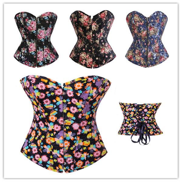 

women s-2xl denim burlesque floral printing zipper overbust corset carnival clubwear pattern waister cincher bustier