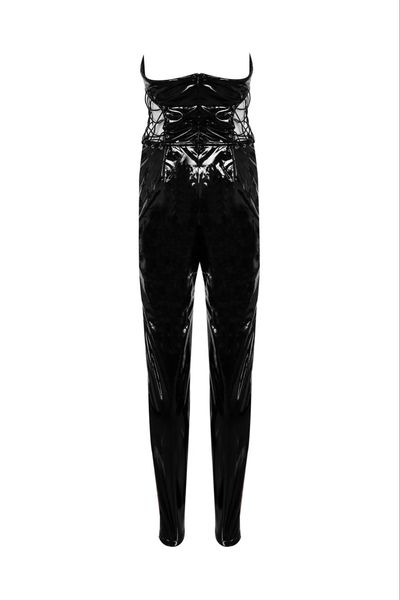 

black strapless hollow out pu leather jumpsuit party bodycon jumpsuit, Black;white