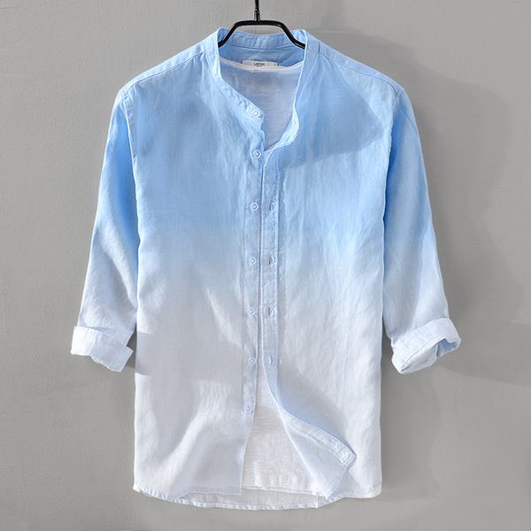 

new style stand collar gradient blue shirt men linen breathable fashion men shirts -3xl three-quarter sleeve shirt male chemise, White;black