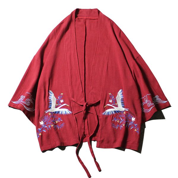 

loldeal men's embroidered kimono jackets linen chinese style open front lightweight coat, Black;brown