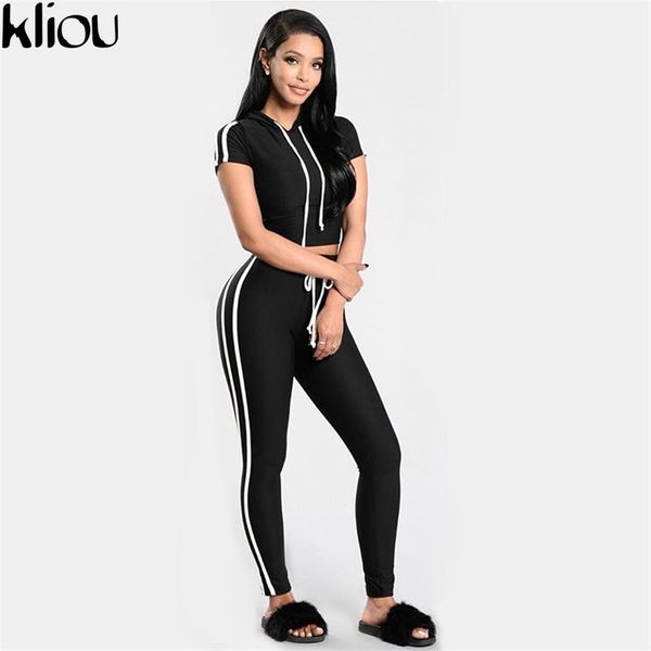 

Hooded Summer Style Two Piece Set Women Black Pants And Crop Top Suit Fashionstriped Hooded Sportswear Women Tracksuit Female