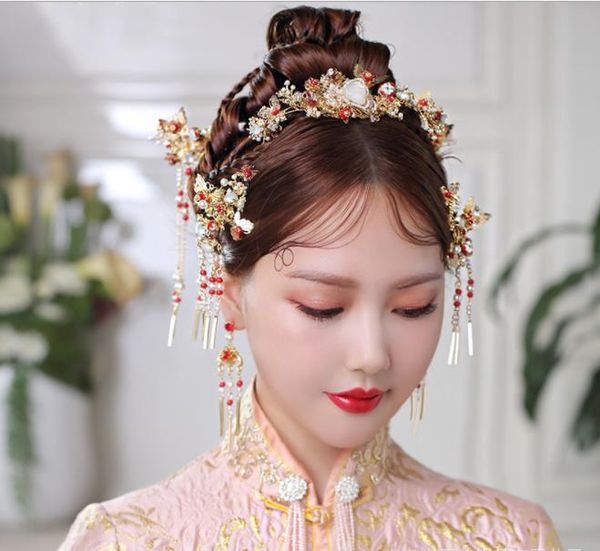 

new brides, golden hair accessories, ancient costume, headwear, women's dragon and phoenix gowns, toast and crown ornaments, Slivery;golden