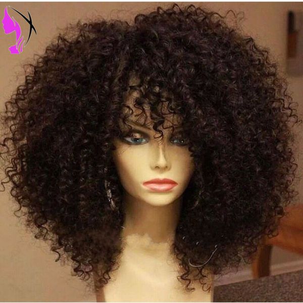 

heat resistant synthetic lace front wig with bangs natural hairline brazilian kinky curly wigs for women, Black