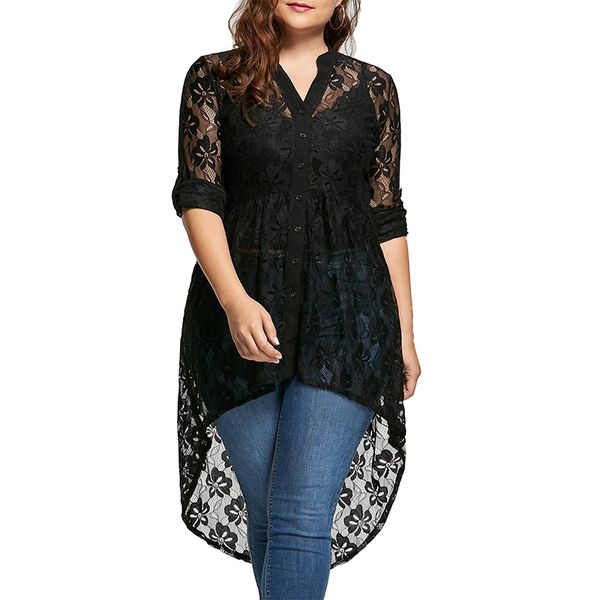 2020 New Style Mulheres Plus Size Blusa Outono Peplum Manga Longa Alta Low Lace Camisas Túnica Através Botão Up Mulheres Tops e Blusa 5xl