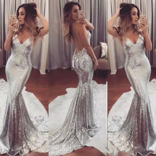 Abiti da sera sexy con paillettes argento Spaghetti Backless senza maniche Abiti da ballo Sweep Train Custom Made Red Carpet Abiti economici Nuovo stile