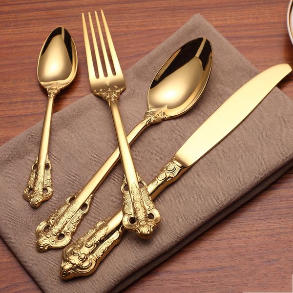 

retro style gold cutlery flatware set stainless steel 5-piece set dinnerware knife fork spoon dessert fork tea spoon tableware