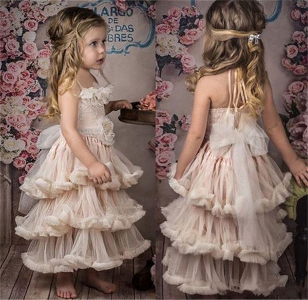 Blush Rosa Boho Flor Menina Vestidos Tiered Plissado Tulle Spaghetti Straps Partido Pageant Vestidos Formais Com Grande Arco De Volta