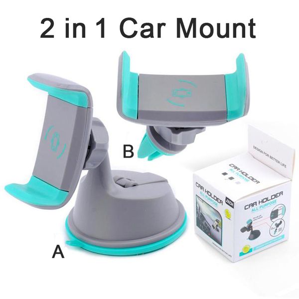 

2 in 1 mini windshield car mount holder 360 rotating air vent sunction kickstand for mobile cell phone holder with retail package
