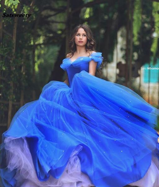 

Королевский Синий Пухлые 2019 Дешевые Quinceanera Платья Бальное Платье С Плеча Тюль Бис