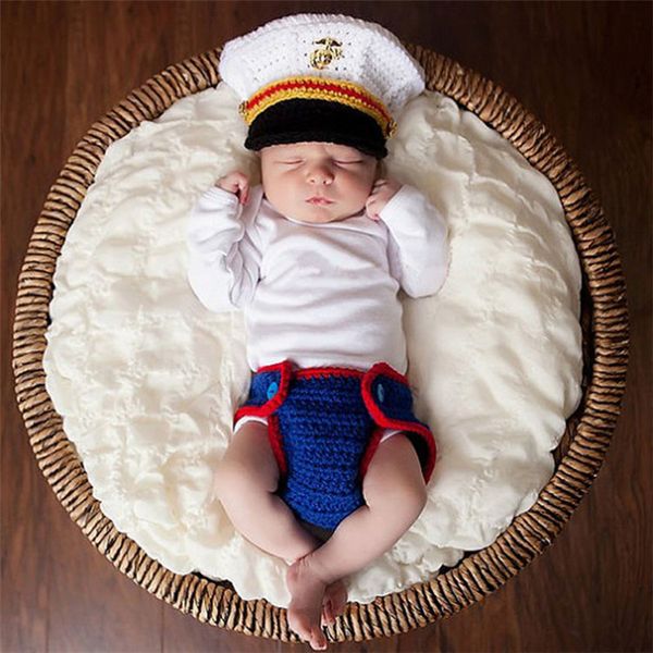 Puntelli per fotografia per bambini Navy Sailor Design Infant Baby Unisex Costume per animali all'uncinetto Puntelli per foto Abiti per ragazzi lavorati a maglia Puntelli per fotografia