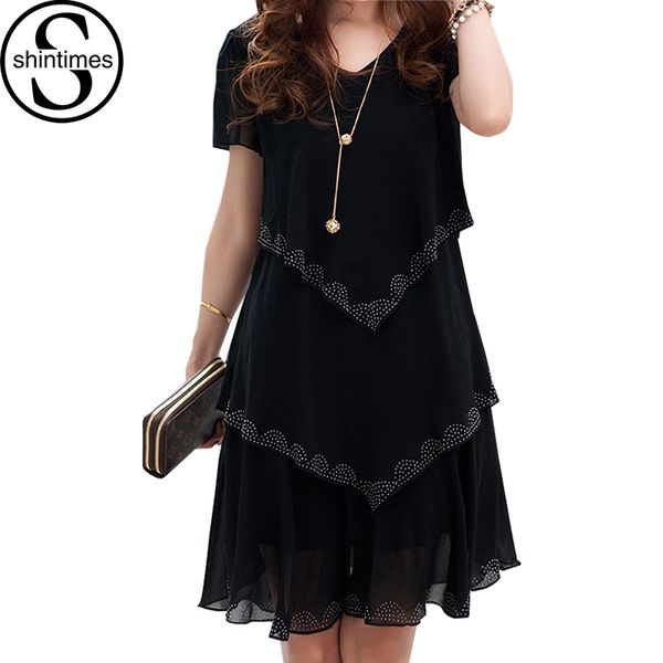 

5xl plus size women clothing chiffon dress summer dresses party short sleeve casual vestido de festa blue black robe femme, Black;gray