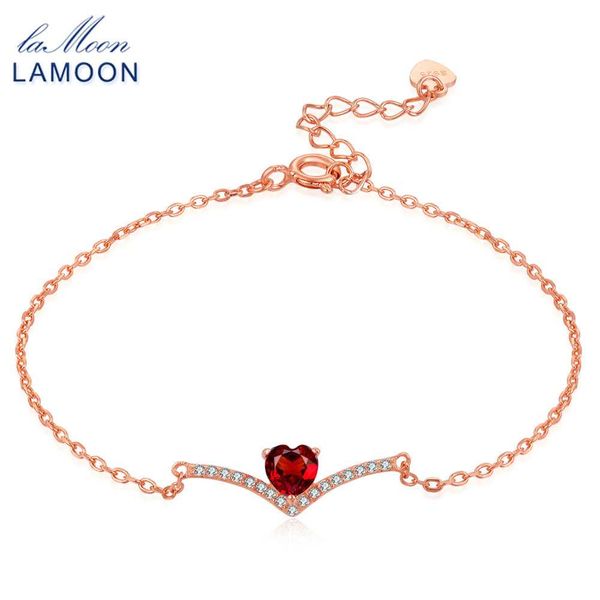 

lamoon love heart charm bracelet for women 100% natural red gemstone 0.3ct garnet 925 sterling silver fine jewelry 18kgp lmhi011, Golden;silver
