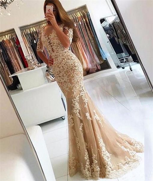 

champagne lace tulle mermaid prom dresses with half sleeves backless illusion sheer scoop evening dress gown, Black