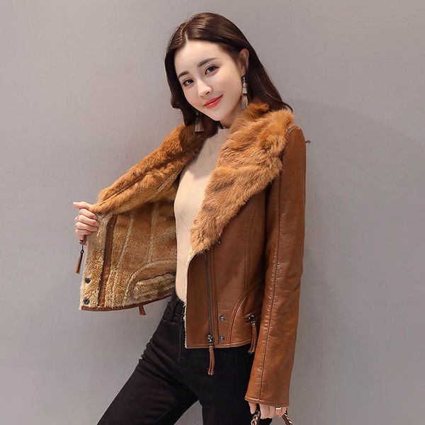 

2018 women's winter leather female jacket women pu leather coat fur short coat jacket plus velvet fur one jackets, Black