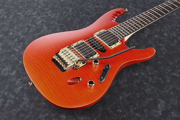 

super thin herman li egen8 flame maple dragon blood orange electric guitar floyd rose tremolo bridge, abalone oval inlay, hsh pickups