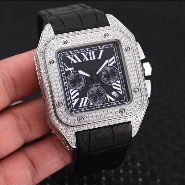 

4Color New Product Men's Diamond Stainless Steel Multi-Functional Watch Import VK Flyback Chronograph 46mm Sapphire Leather Diamond Wath