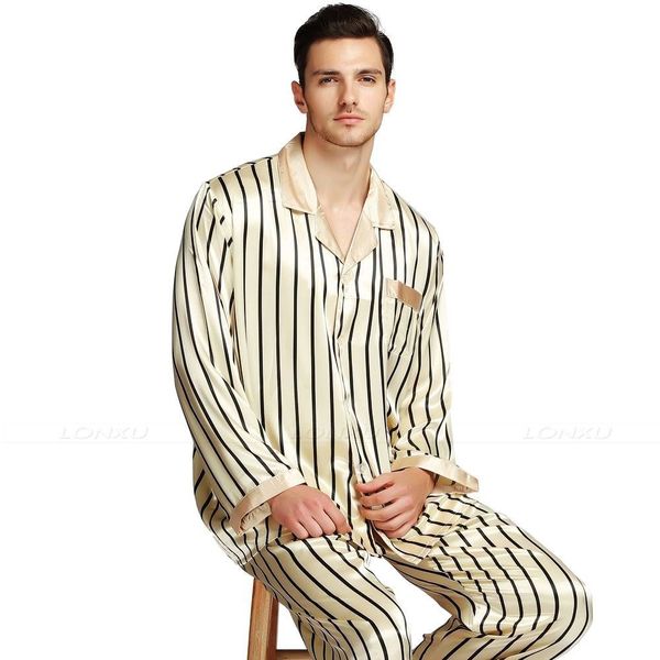

Striped Mens Silk Satin Pajamas Set Pyjamas Set PJS Sleepwear Loungewear S ~ 4XL Striped __Big and Tall High Quality Hotsale