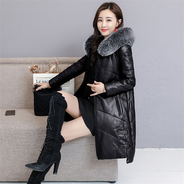 

women pu leather jacket winter down cotton coat 2018 plus size 4xl fashion overcoat female fox fur collar slim parkas lady, Black