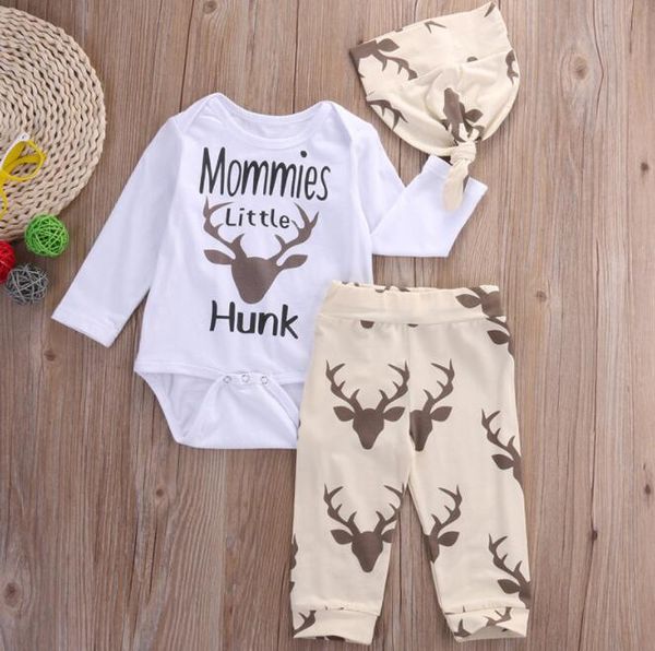 

3 pieces a set casual kids clothing for newborn baby boys funny bodysuits+ deer pants +hat infant baby suit wholesale fast shipping, White