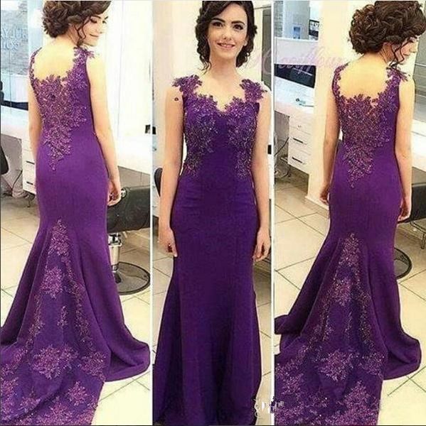 2018 Bainha mãe da noiva vestidos roxo puro v pescoço laço applique frisado tampão mangas backless longa sereia noite desgaste vestidos de baile