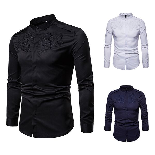 

2018 men shirt fashion brand long sleeve shirt court style embroidered henry collars casual slim fit male shirts, White;black