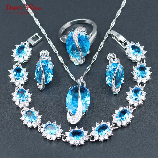

silver color bridal jewelry sets for women sky blue wedding necklace earrings ring pendant silky set for engagement