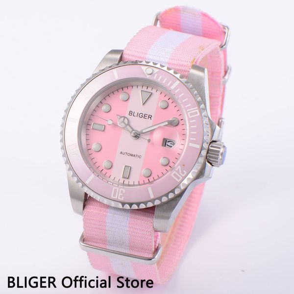 

sapphire crystal 40mm bliger pink white dial ceramic bezel watch luminous miyota automatic movement men's watch nylon strap d6, Slivery;brown