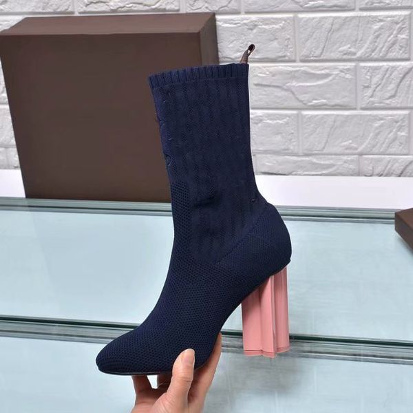 

orignal box] luxury socks high heel 10cm womens half ankle short winter snow boots knight embroidery stretch fabric shoes size 35-41, Black