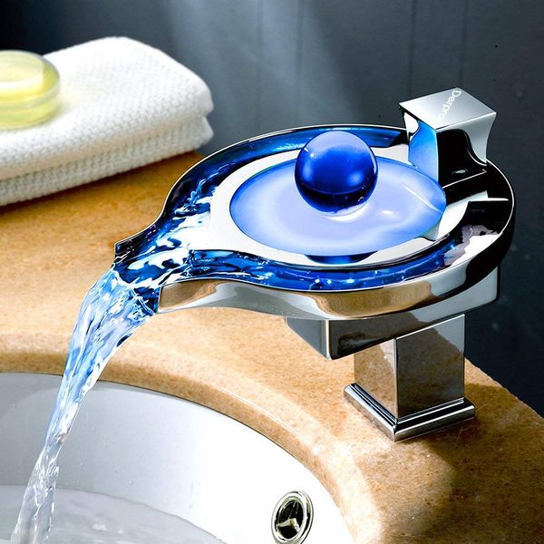

bathroom sink faucet with water power led waterfall faucet 3 colors changing based on water temperature, polish chrome
