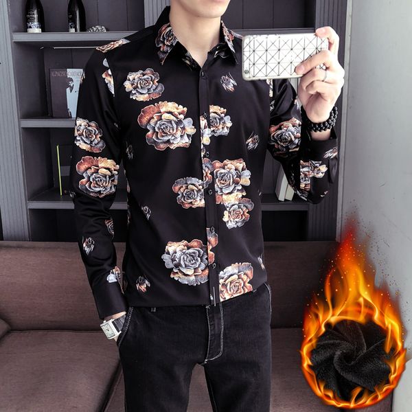 

flower shirt mens velvet shirts thick winter blouse mens printed shirts casual slim fit stylish clothing trend fashion 2018, White;black