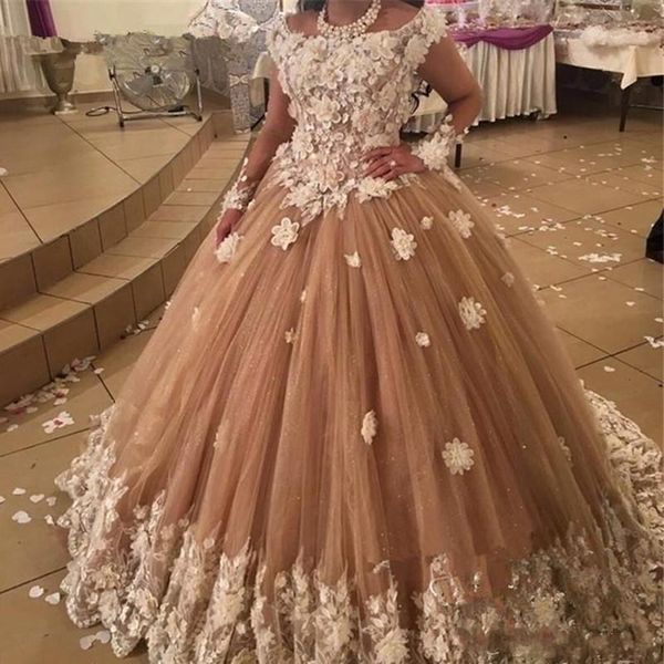 

Champagne Ball Gown Quinceanera Dresses Illusion Long Sleeve 3d Floral Appliqued Beaded Prom Dress Formal Evening Gowns Custom Made