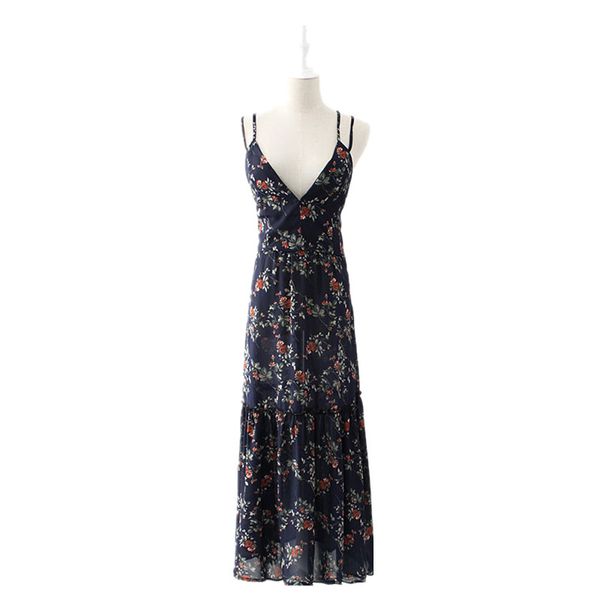 

womens blue floral dress sling v-neck halter vintage floral dress hem pleated 2018 summer new chiffon brand designer, Black;gray