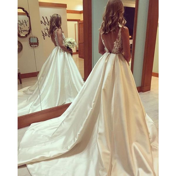 

backless see through a-line wedding dresses sheer neck appliques lace satin long bridal gown vestido de noiva, White